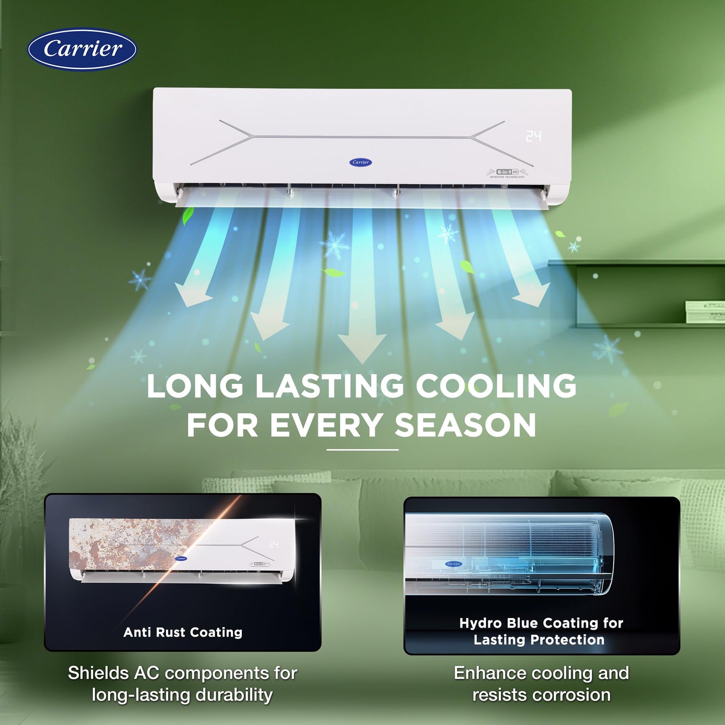 Carrier 2 Ton 5 Star Wi-Fi Inverter Split AC (Copper, Convertible 6-in-1 Cooling, Smart Display, PM 2.5 Filter,White)